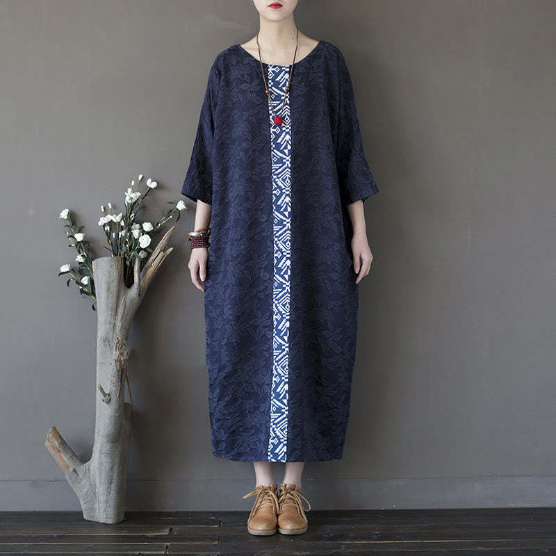 Blue Flowers Embroidery Jacquard Midi Dress Three Quarter Sleeve Cotton Dress With Pockets