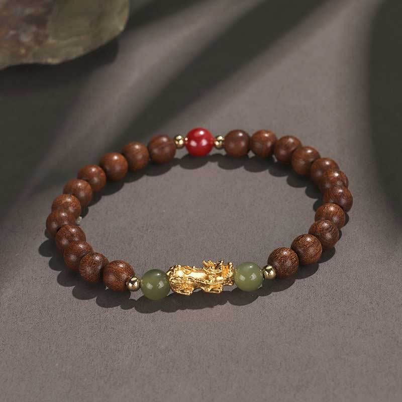 999 Sterling Silver Sandalwood Ebony Wood Small Leaf Red Sandalwood Hetian Jade Cinnabar PiXiu Wealth Bracelet