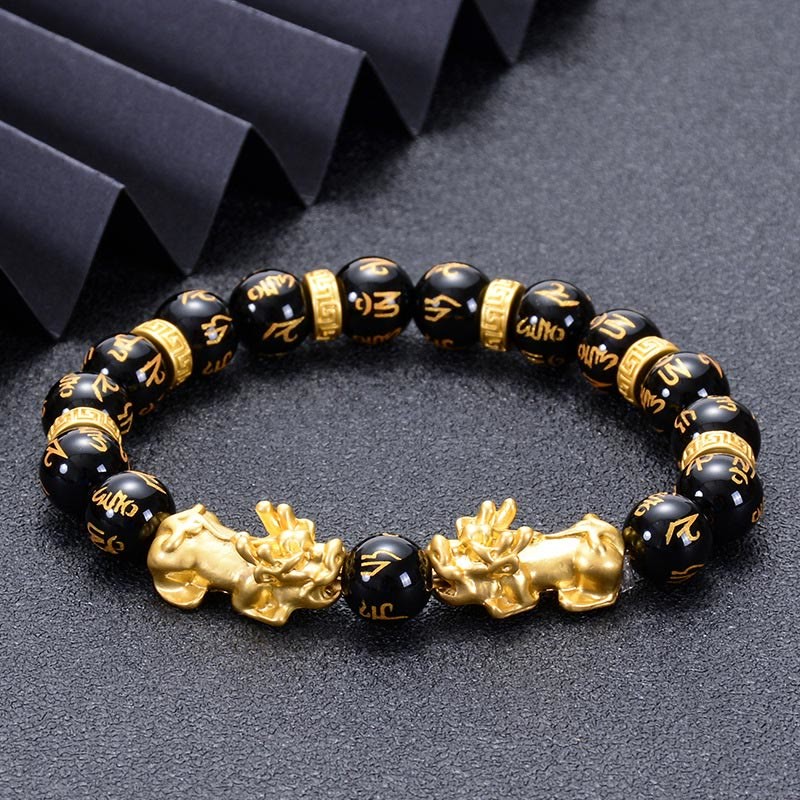 Black Obsidian Black Onyx Golden Alloy Two PiXiu Om Mani Padme Hum Strength Bracelet