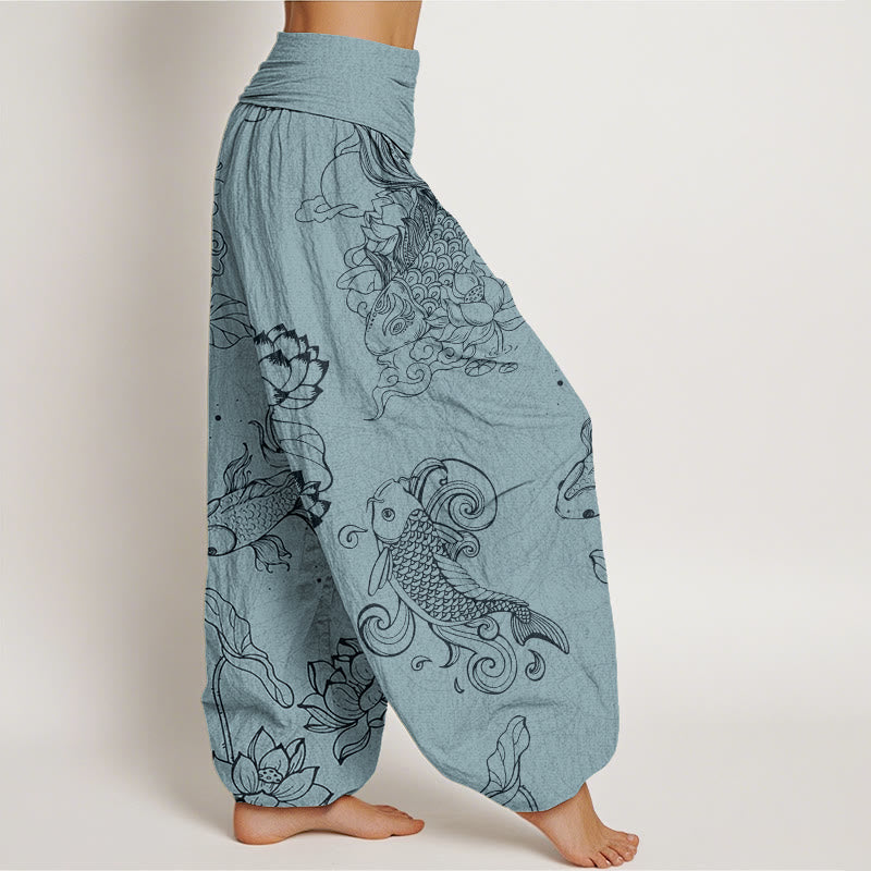 Koi Fish Auspicious Clouds Lotus Flowers Design Women's Elastic Waist Harem Pants