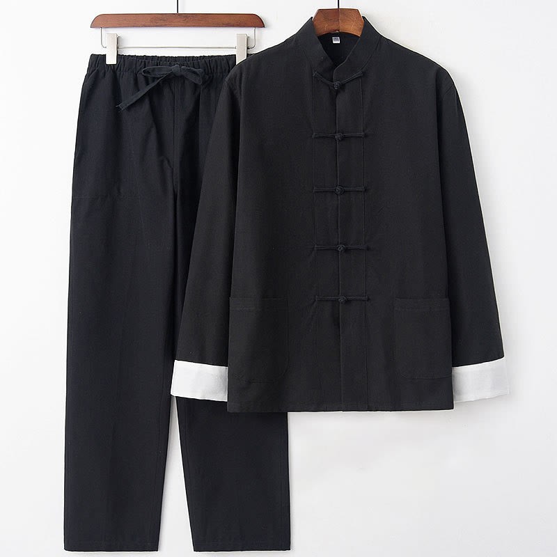 2Pcs Fall Men's Tang Suit Frog-Button Cotton Long Sleeve Shirt Pants Set