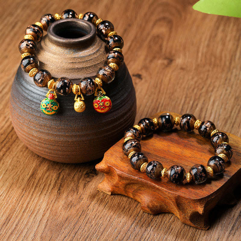 Gold Swallowing Beast Family Charm Liuli Glass Bead Fortune Bracelet