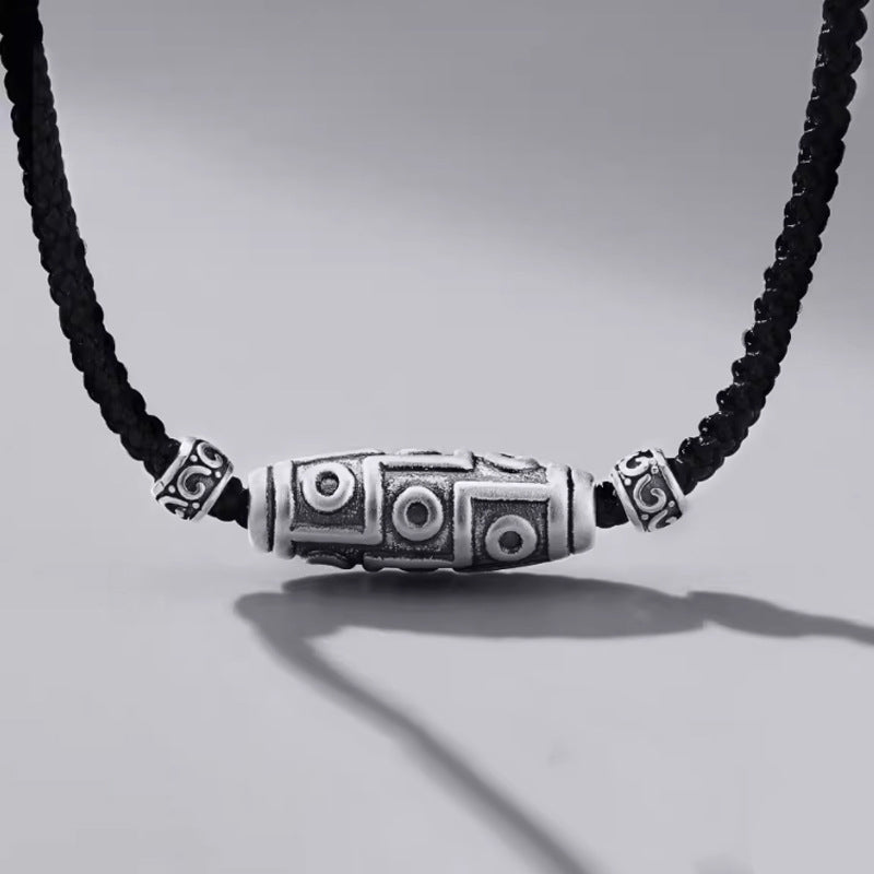 999 Sterling Silver Nine-Eye Dzi Bead Pattern Protection Rope Necklace Pendant