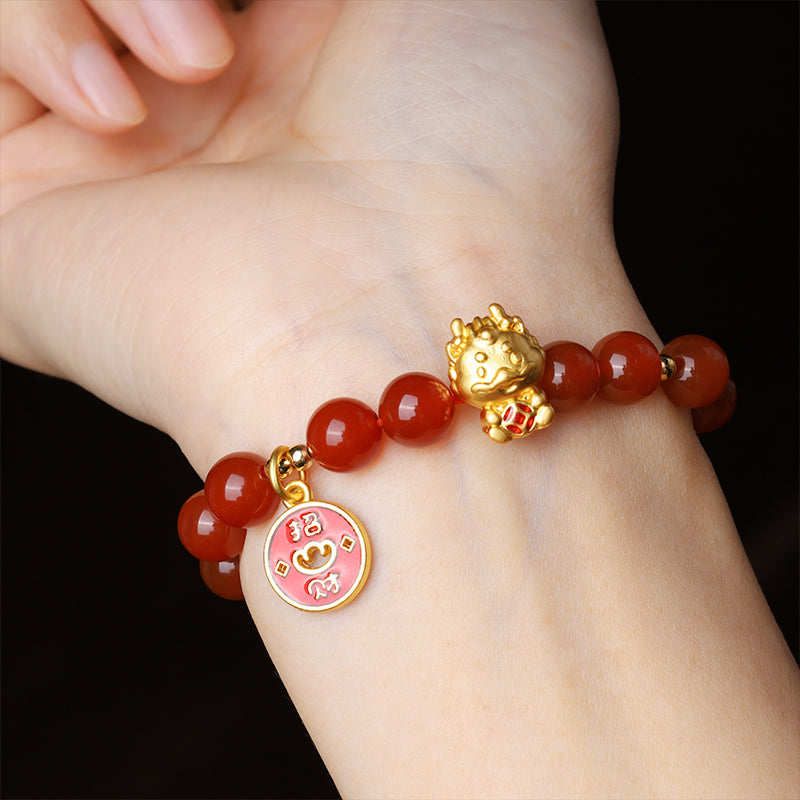 Year of the Dragon Natural Red Agate Copper Coin Attract Fortune Bracelet