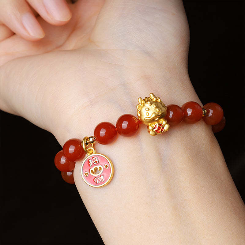 Year of the Dragon Natural Red Agate Copper Coin Attract Fortune Bracelet
