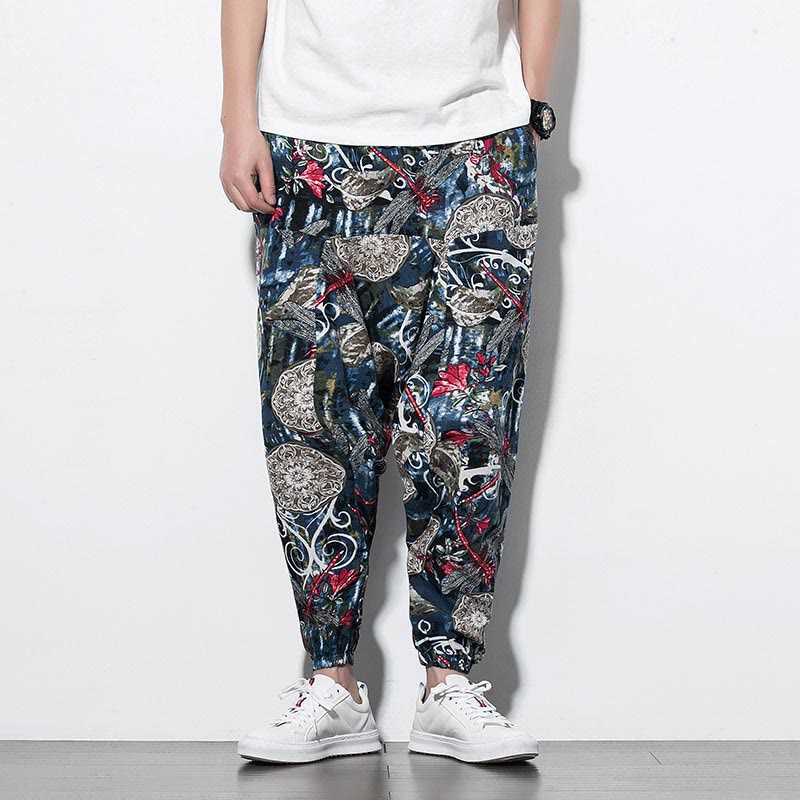 Red Dragonfly Dandelion Print Cotton Men's Harem Pants With Pockets