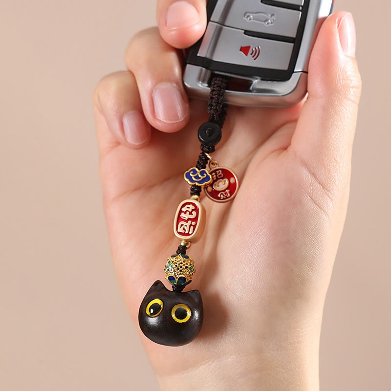 Ebony Wood Lucky Cat Auspicious Cloud Peace Key Chain Phone Hanging Decoration