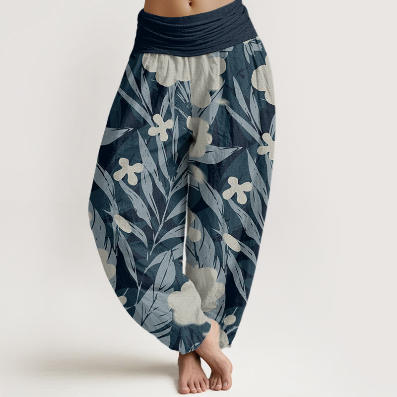 Long Leaves Flowers Pattern Design Women's Elastic Waist Harem Pants