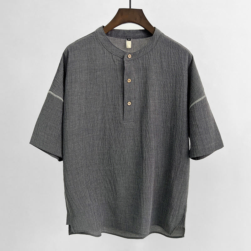 Summer Solid Color Men Short Sleeve Button Shirt