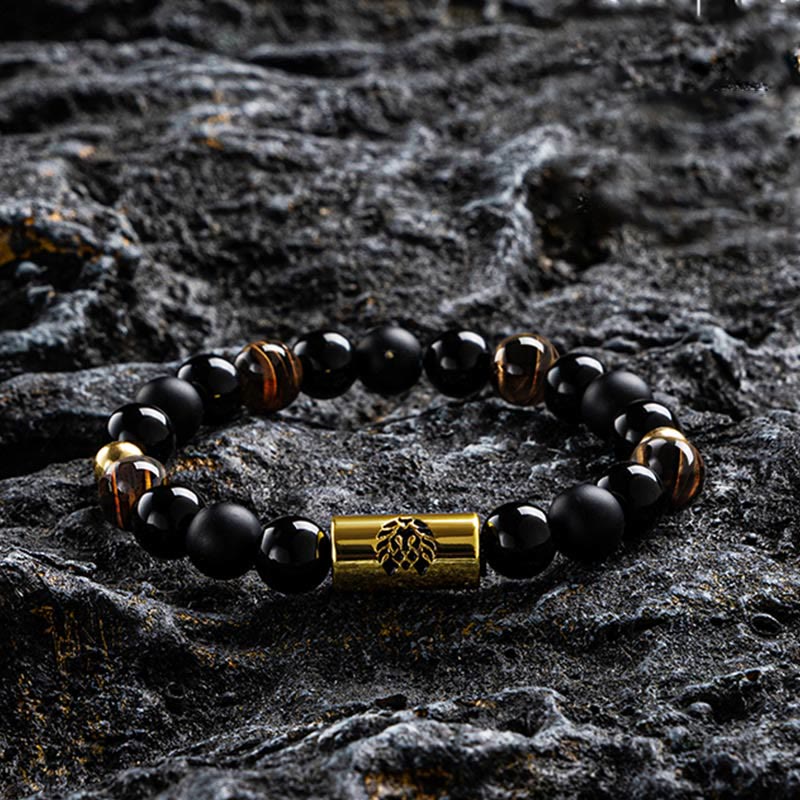 Black Onyx Tiger Eye Bead Lion Engraved Protection Bracelet