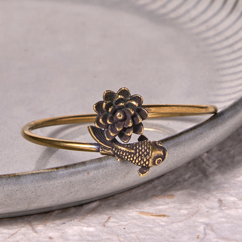 Lotus Flower Koi Fish Copper Brass Enlightenment Luck Bracelet Bangle