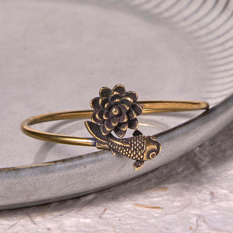 Lotus Flower Koi Fish Copper Brass Enlightenment Luck Bracelet Bangle