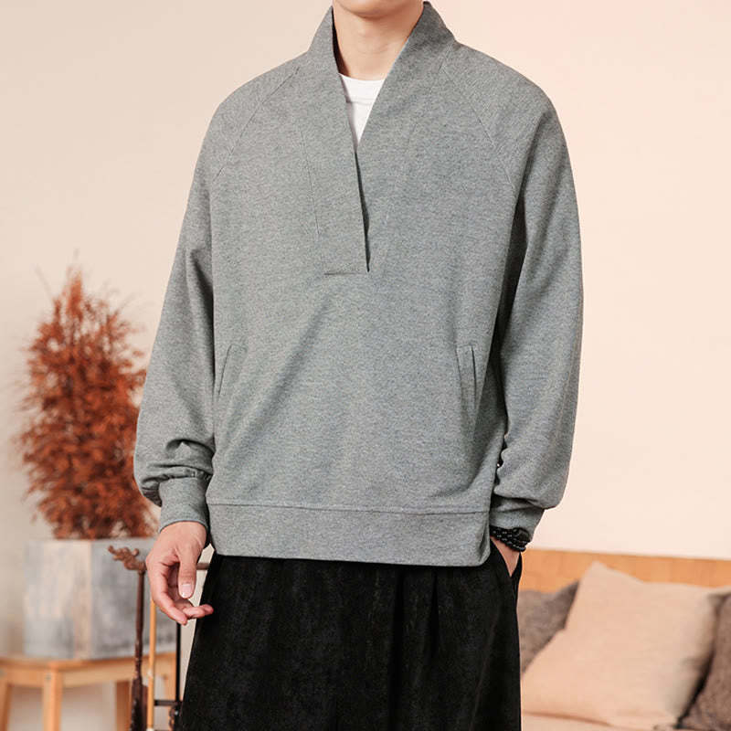 Fall Simple V-Neck Men's Sweatshirt Cotton Pullover With Pockets
