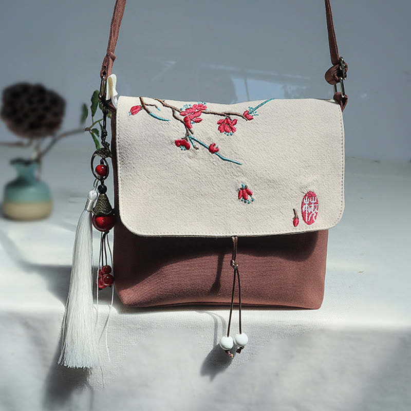 Handmade Embroidered Plum Flowers Canvas Crossbody Bag Shoulder Bag Handbag