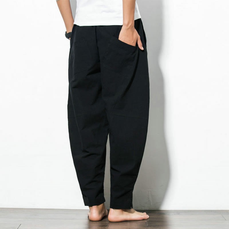 Casual Men's Solid Color Linen Drawstring Pants With Pockets