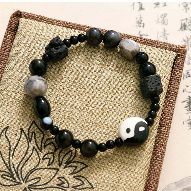 Black Onyx Picasso Jasper Bead Yin Yang Fortune Protection Bracelet