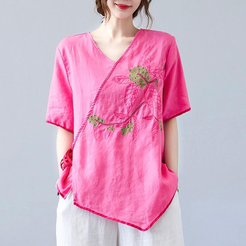Summer Casual Ethnic Embroidery Flower Lace-up Short Sleeve V-neck Cotton Linen Women's T-Shirt