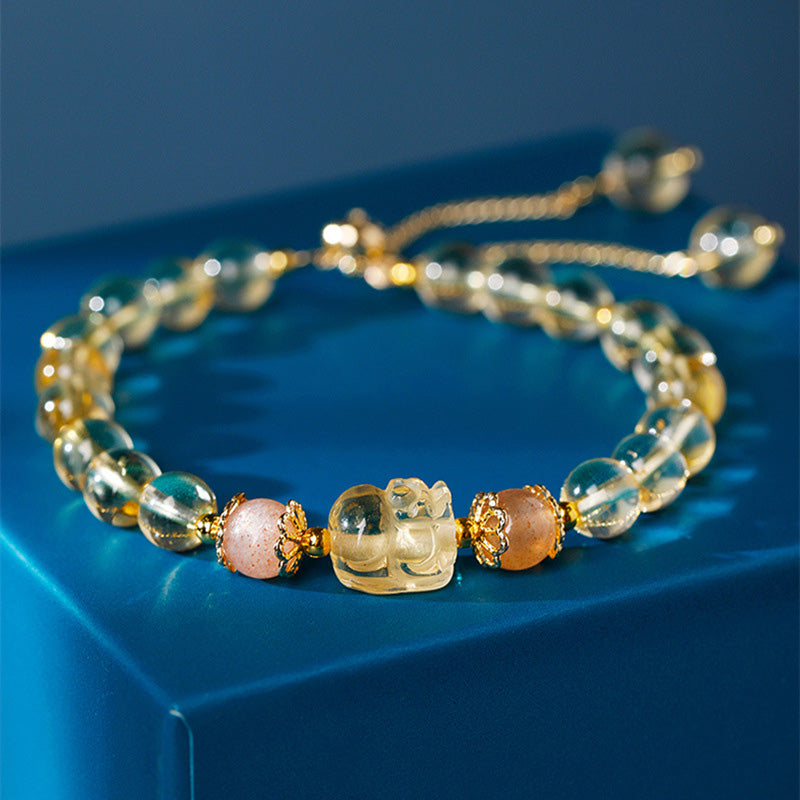 Aquamarine Strawberry Quartz Amethyst Moonstone PiXiu Healing Bracelet