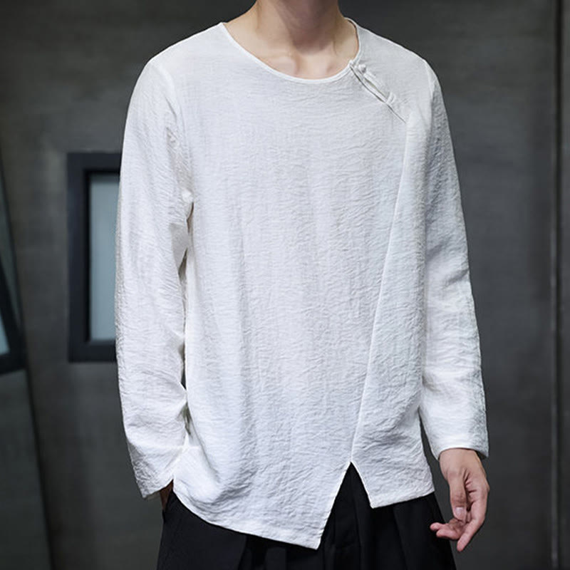 Solid Color Loose Long Sleeve Round Neck Cotton Men's Shirts