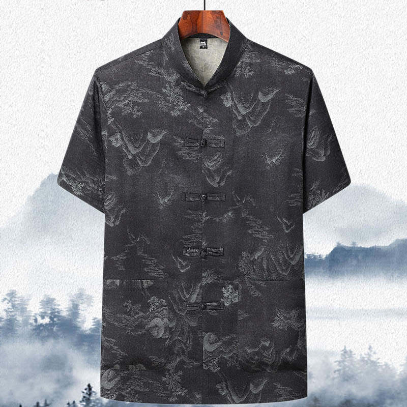 Mountains Trees Tang Suit Hanfu Traditional Uniform Short Sleeve Top Pants Clothing Men's Set