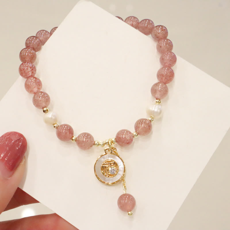 Strawberry Quartz Pearl Elk Smiley Face Fishtail Fu Character Charm Healing Bracelet