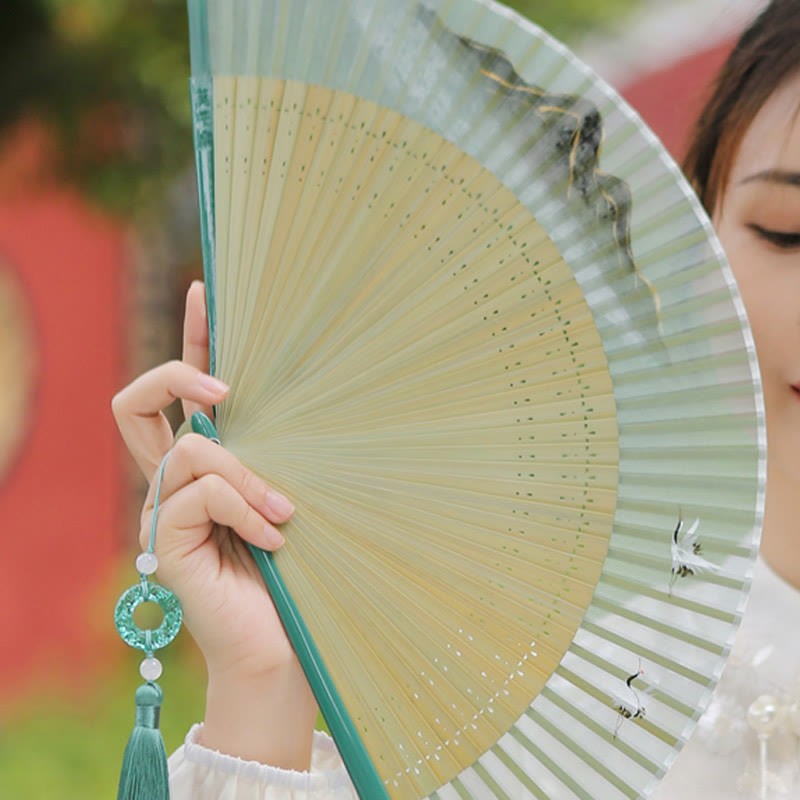 Retro Mountain River Crane Silk Handheld Bamboo Folding Fan