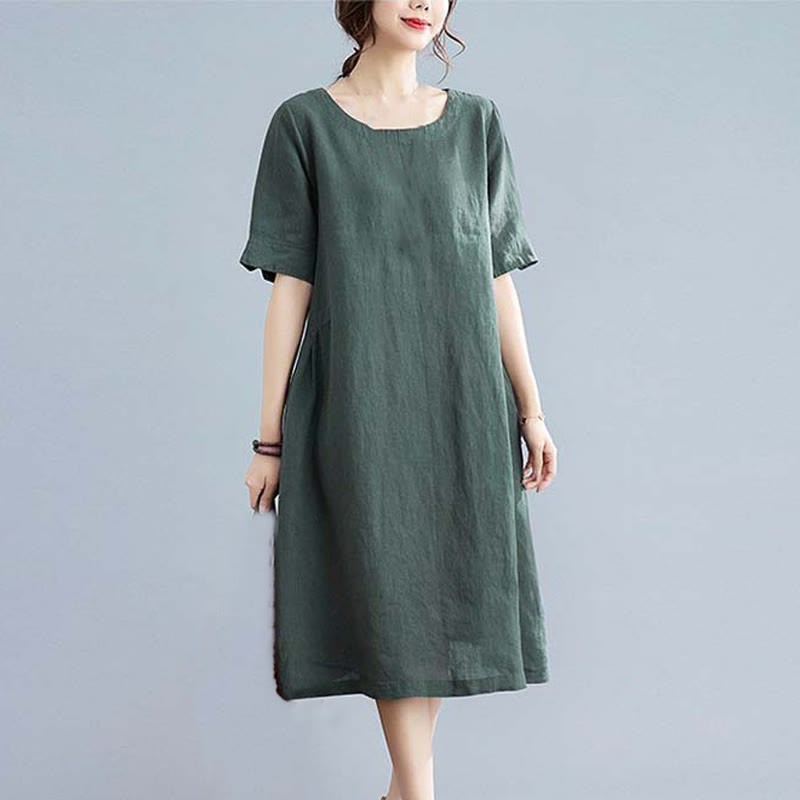 Casual Loose Solid Color Cotton Linen Crew Neck Half Sleeve Design Midi Dress With Pockets