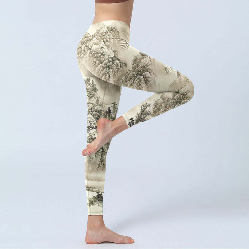 Mountain Tree River Scenery Print Sports Leggings Women's Yoga Pants