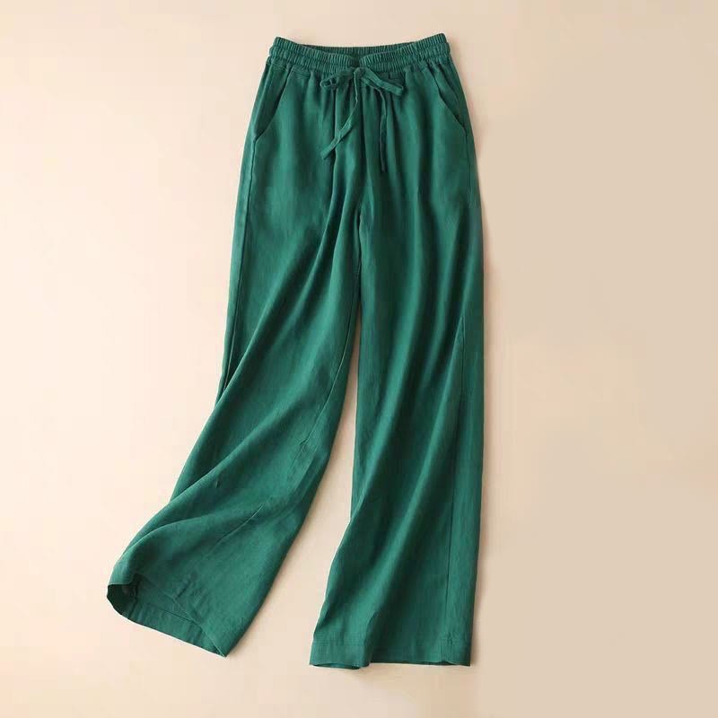 Casual Cotton Linen High Waist Lace-up Wide Leg Pants With Pockets