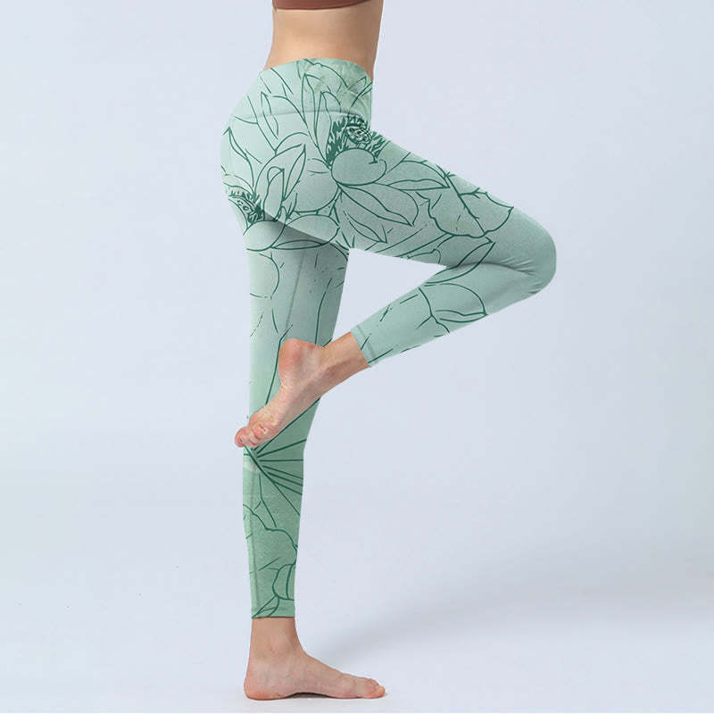 Green Lotus Flower Print Sports Leggings Women's Yoga Pants