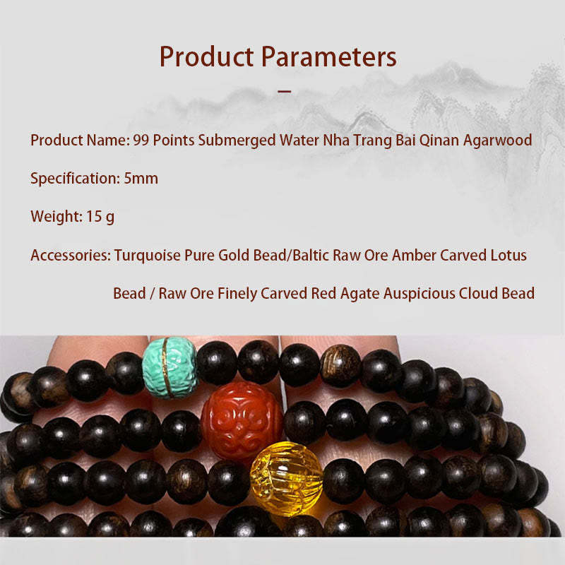 Nha Trang Bai Qinan Agarwood Turquoise Amber Red Agate Strength Meditation Bracelet