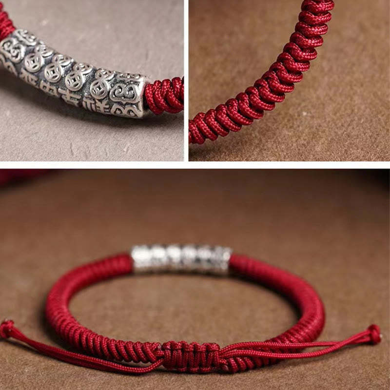 Handmade 999 Sterling Silver Peace and Good Fortune Om Mani Padme Hum Luck?Rope Bracelet