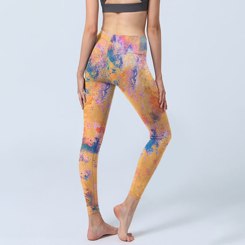 Bright Yellow Abstract Watercolor Pattern Print Gym Leggings Women's Yoga Pants