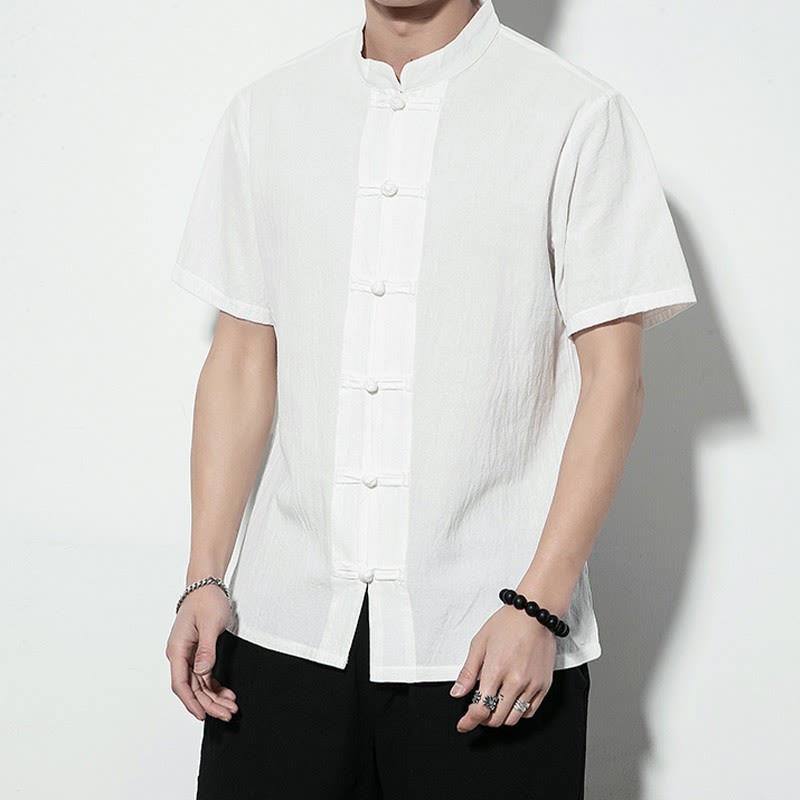 Casual Solid Color Front Frog Buttons Chinese Tang Suit Short Sleeve Linen Men's Shirt