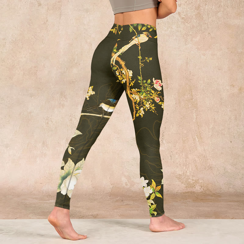 Black Magnolia Flowers Print Gym Leggings Women's Yoga Pants
