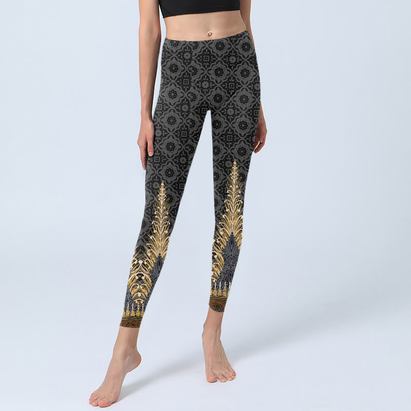 Dark Gray Geometric Gold Feather Print Gym Leggings Women's Yoga Pants