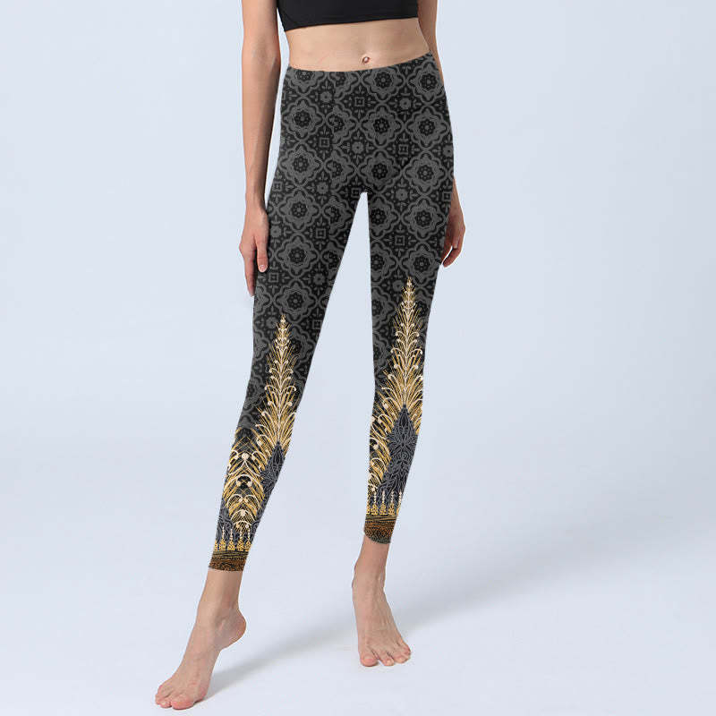 Dark Gray Geometric Gold Feather Print Gym Leggings Women's Yoga Pants