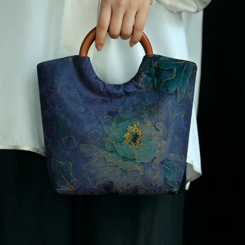 Peony Flower Bamboo Leaves Bird Solid Wood Handle Handbag