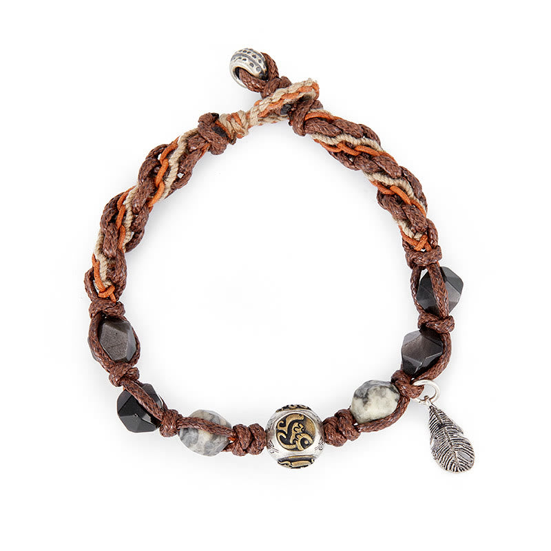 Retro 925 Sterling Silver Silver Sheen Obsidian Transport Rope Handmade Braided Bracelet