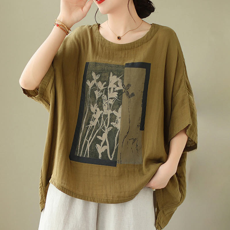 Casual Flower Prints Women's Crew Neck Design Half Sleeve Cotton Spandex T-shirt