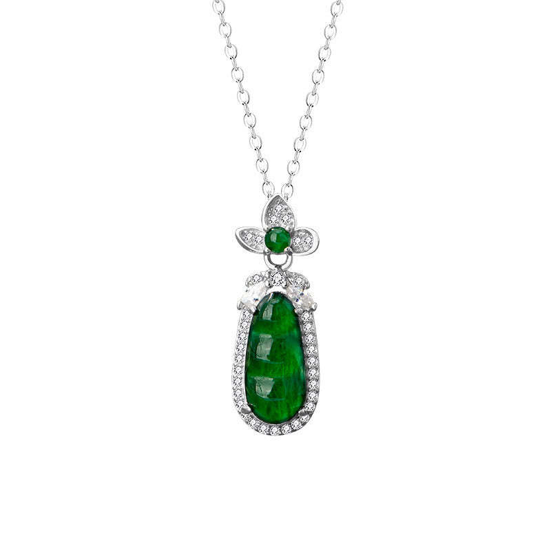 925 Sterling Silver Cyan Jade Pea Design Luck Healing Necklace Pendant