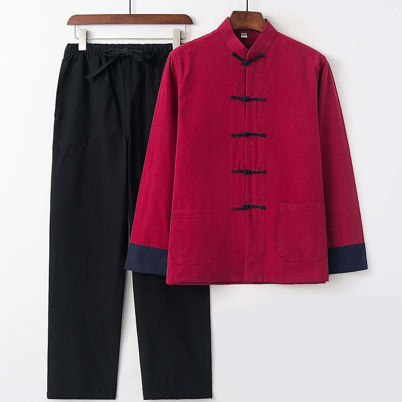2Pcs Fall Men's Tang Suit Frog-Button Cotton Long Sleeve Shirt Pants Set