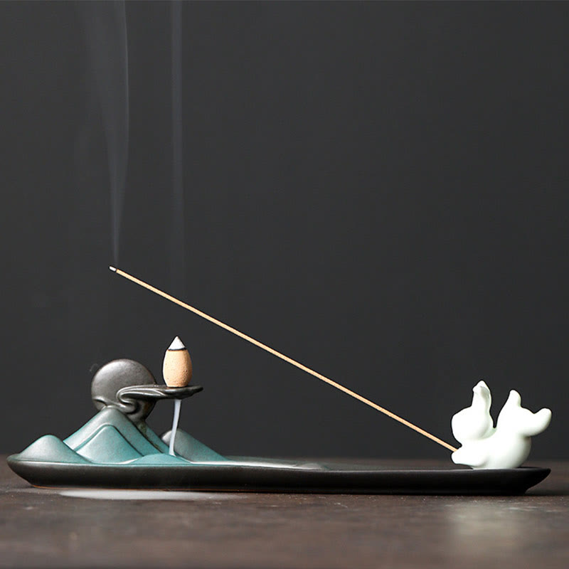 Moon Rabbit PiXiu Mountain Healing Ceramic Stick Incense Burner Decoration
