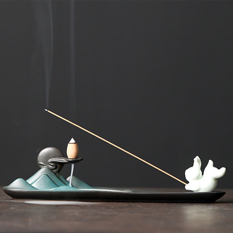 Moon Rabbit PiXiu Mountain Healing Ceramic Stick Incense Burner Decoration