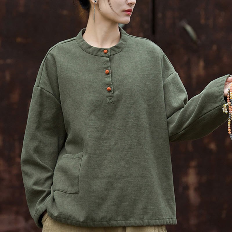 Retro Solid Color Thermal Long Sleeve Ramie Linen Women's Shirt