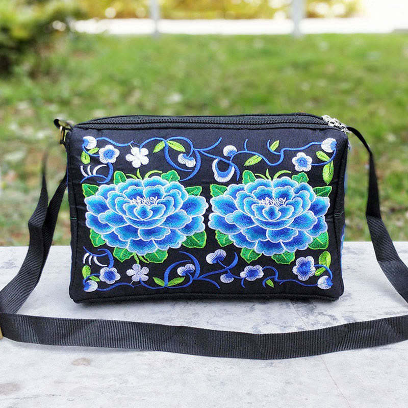 Galsang Inula Flower Peony Peacock Double-Sided Embroidery Canvas Shopping Purse Handbag Crossbody Bag