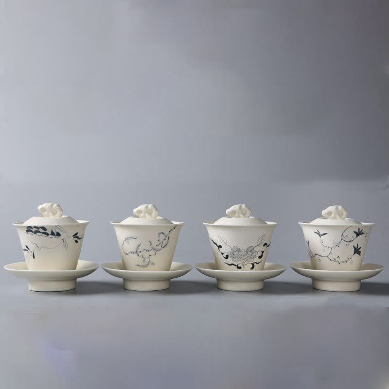 Hand Painted Pomegranate Hibiscus Pine Lotus Ceramic Gaiwan Sancai Teacup Kung Fu Tea Cup And Saucer With Lid