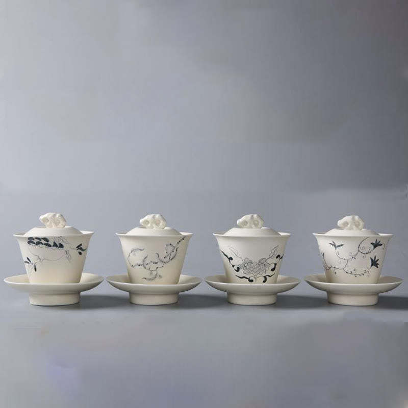 Hand Painted Pomegranate Hibiscus Pine Lotus Ceramic Gaiwan Sancai Teacup Kung Fu Tea Cup And Saucer With Lid