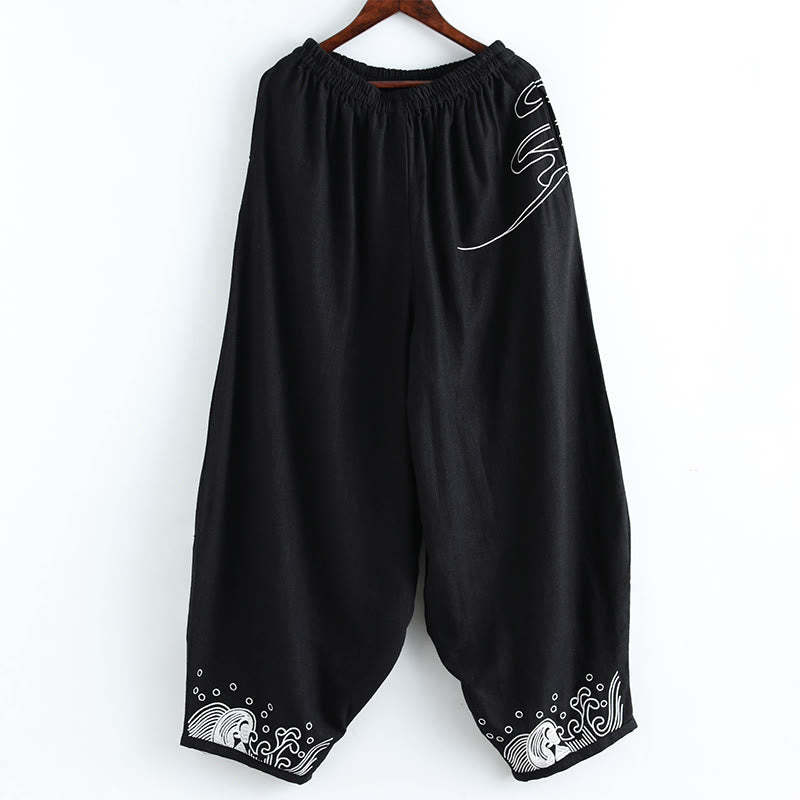 Clouds Elastic Waist Ethnic Cotton Men's Pants With Pockets