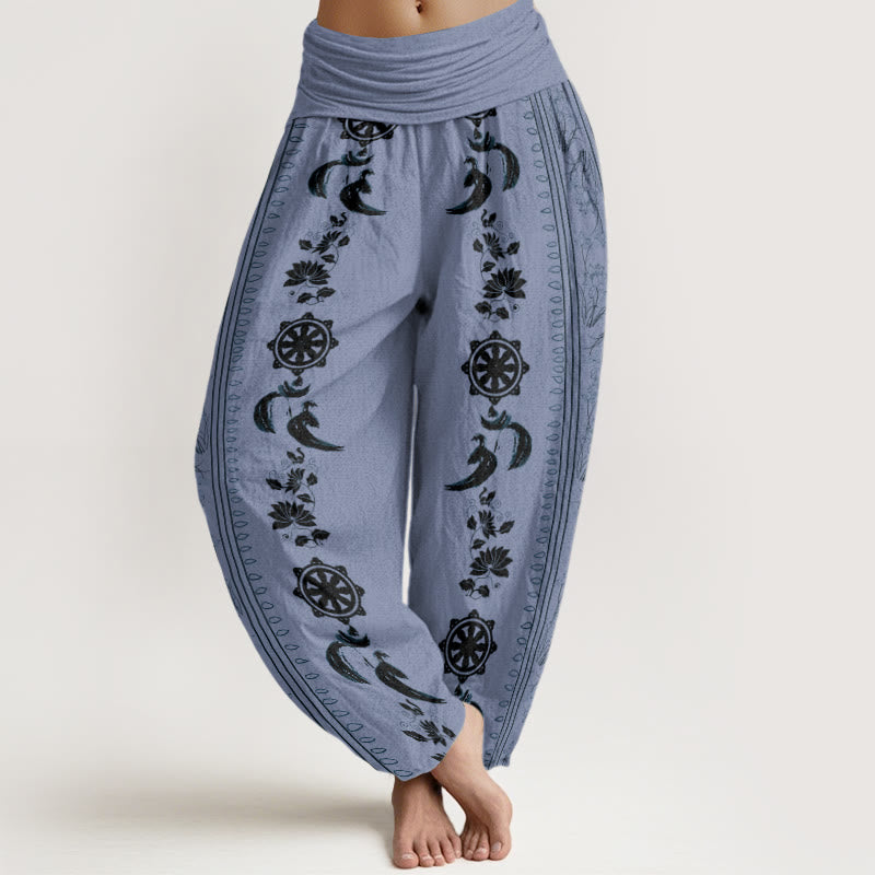 Dharma Wheel Lotus OM Pattern Women's Elastic Waist Harem Pants